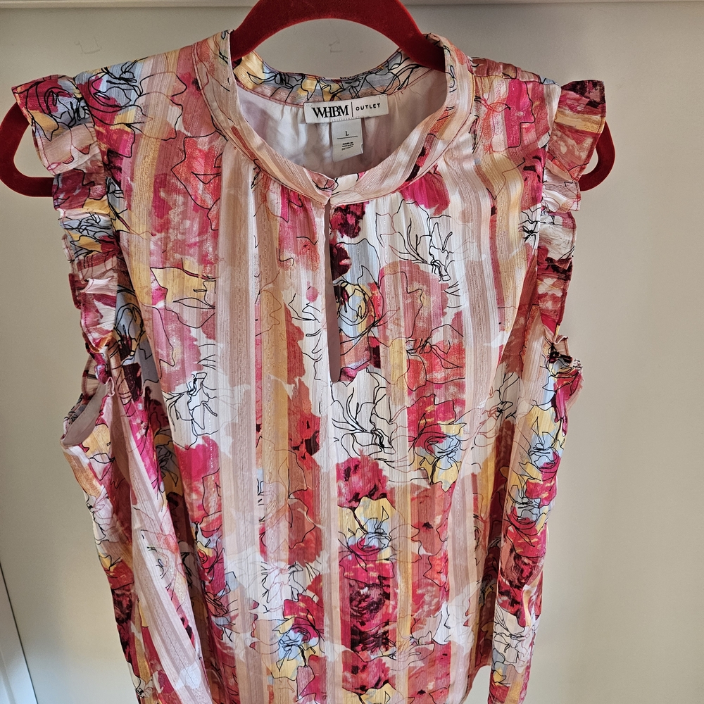 White House Black Market Striped Floral Blouse - Pink, White, Yellow